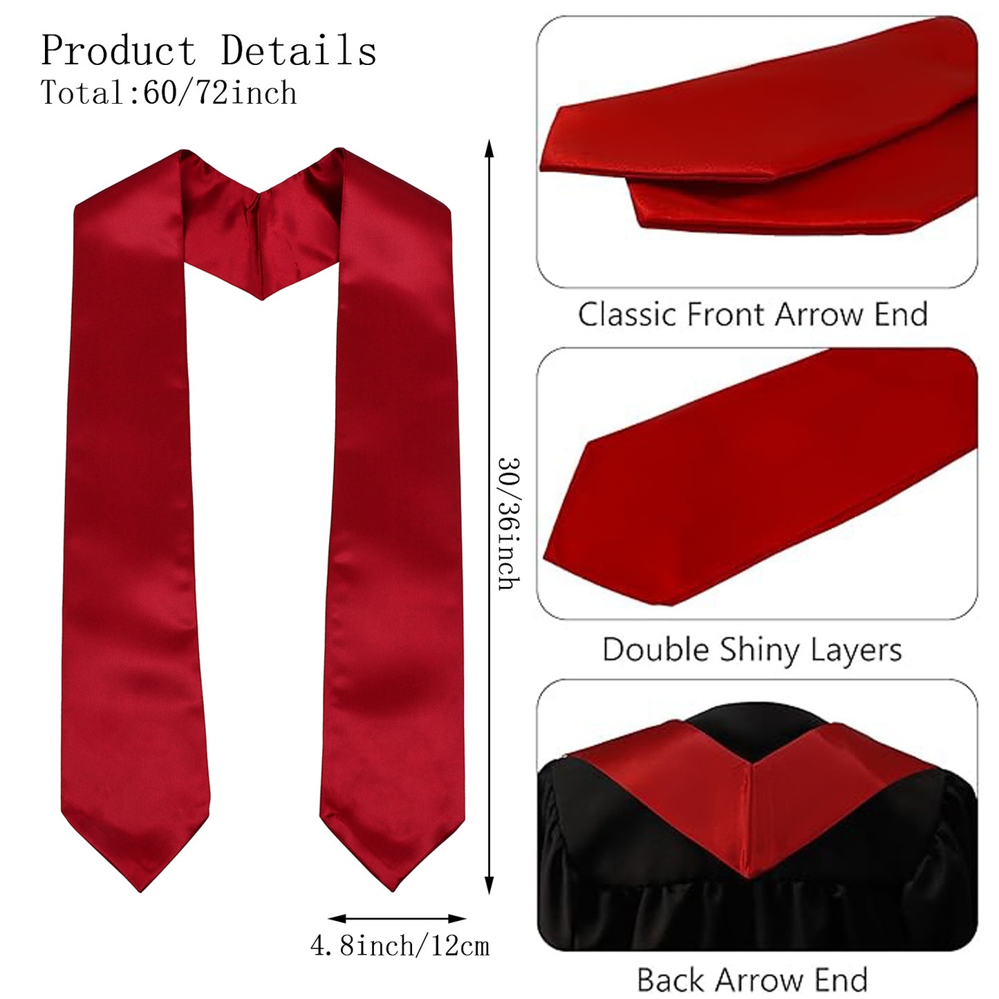 Size chart for maroon satin graduation stole showing length in inches