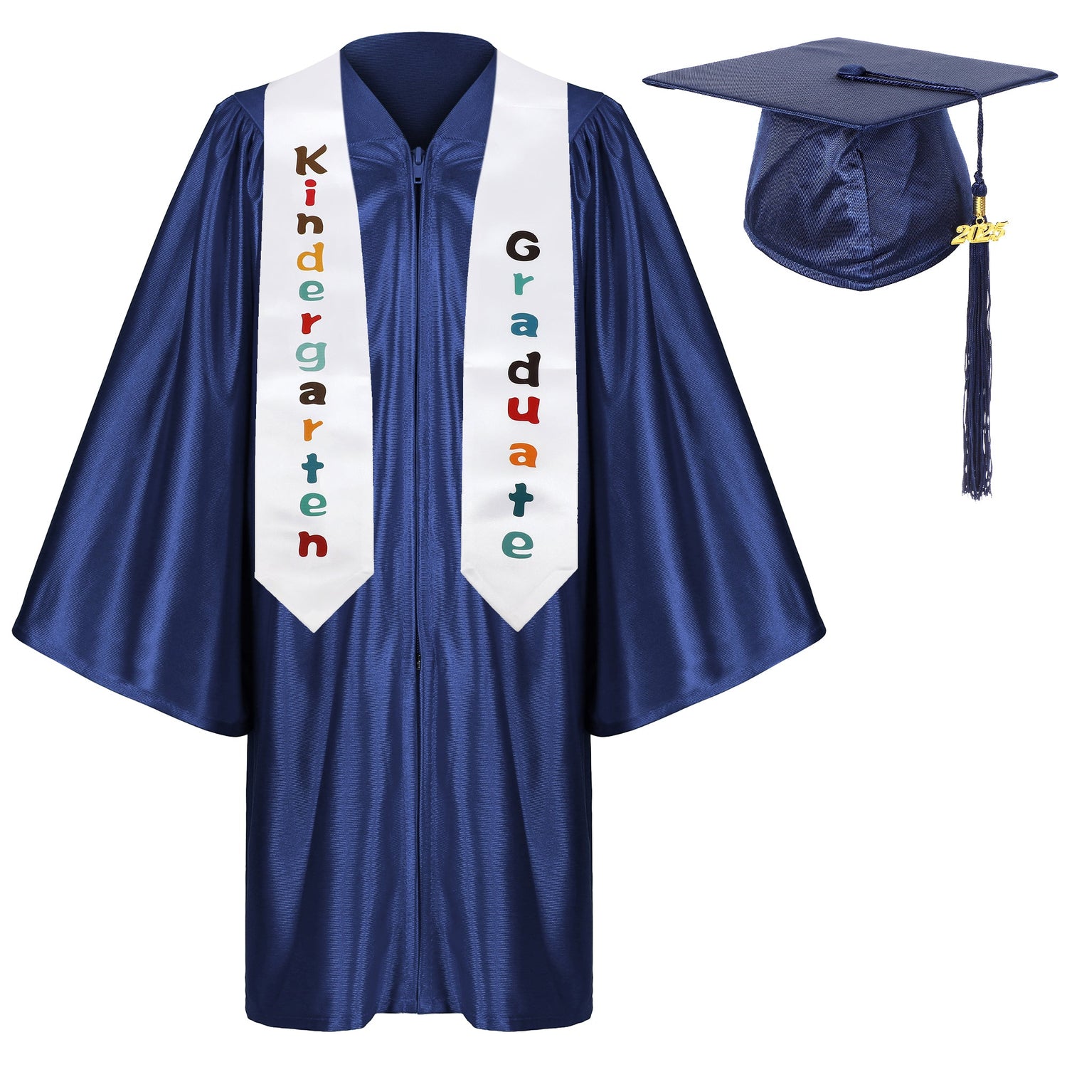 Children’s graduation gown with 'Kindergarten Graduate' stoles and matching cap