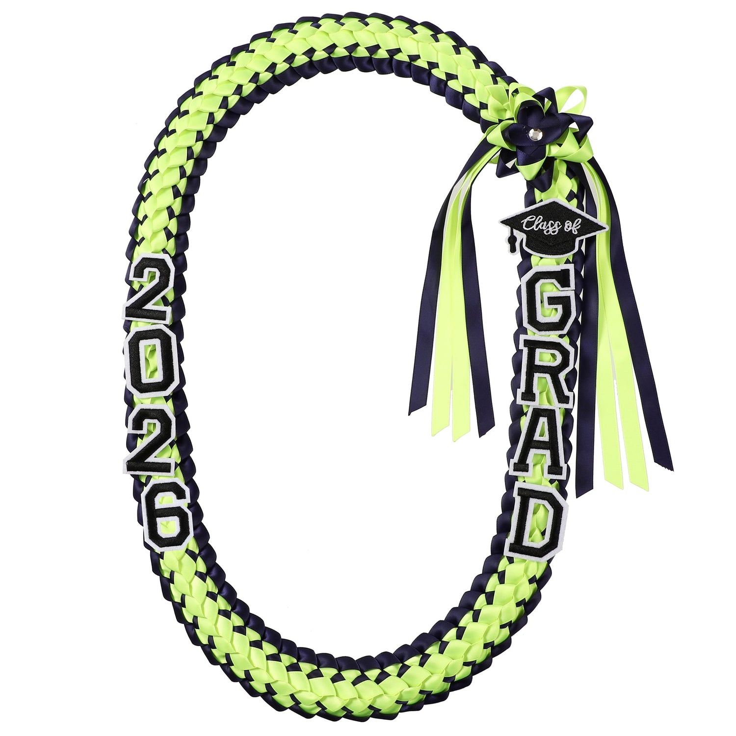 Handmade graduation ribbon lei with vibrant neon colors and '2026' lettering