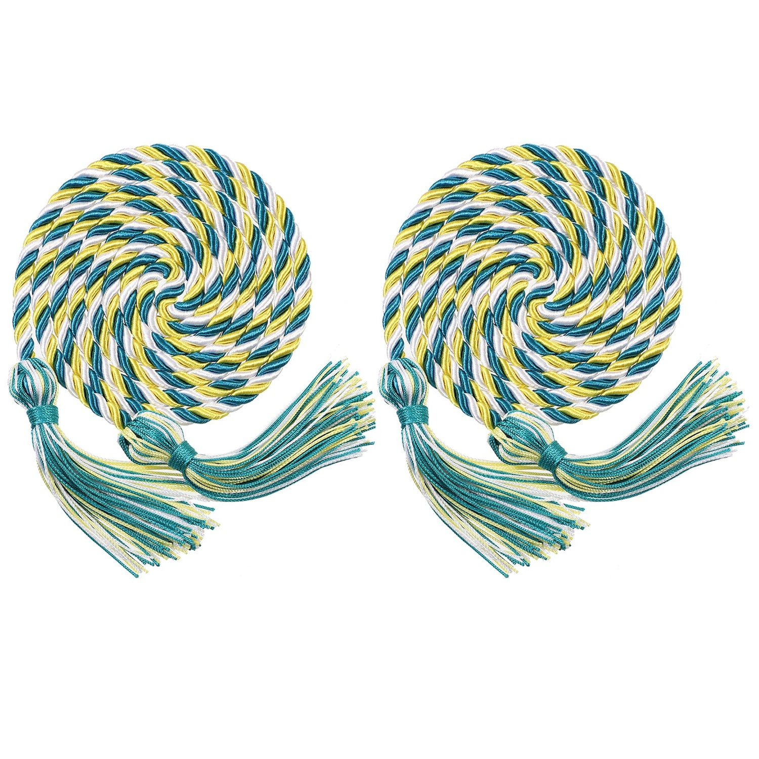 Colorful graduation honor cords with vibrant blue, yellow, and green twisted design