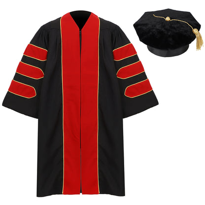 Deluxe Doctoral gown and 8-sided tam set displayed together for graduation ceremony