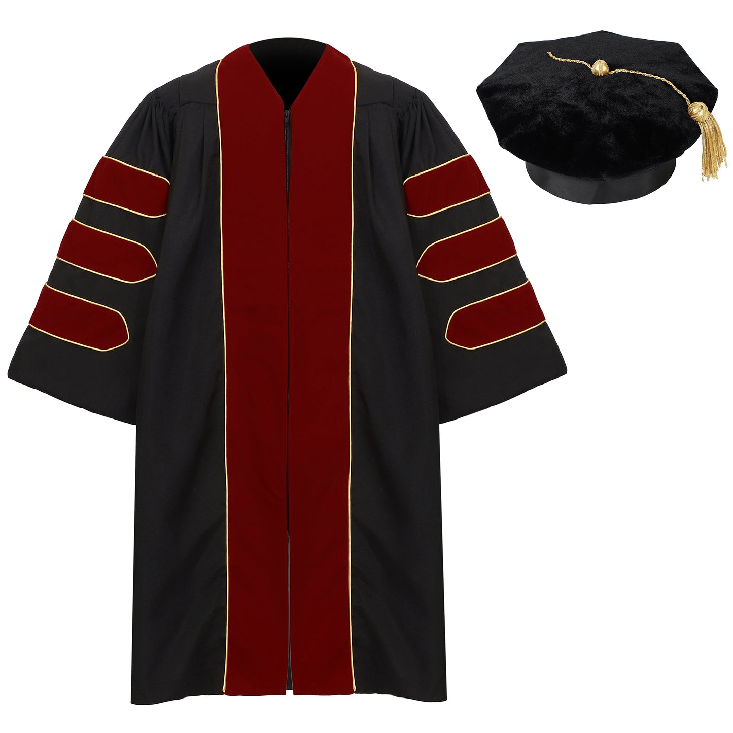 Deluxe Doctoral gown and 8-sided tam set displayed together for graduation ceremony