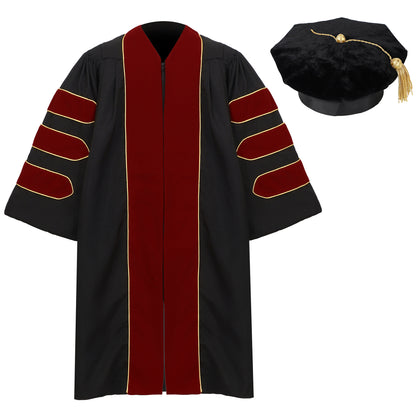 Deluxe Doctoral gown and 8-sided tam set displayed together for graduation ceremony