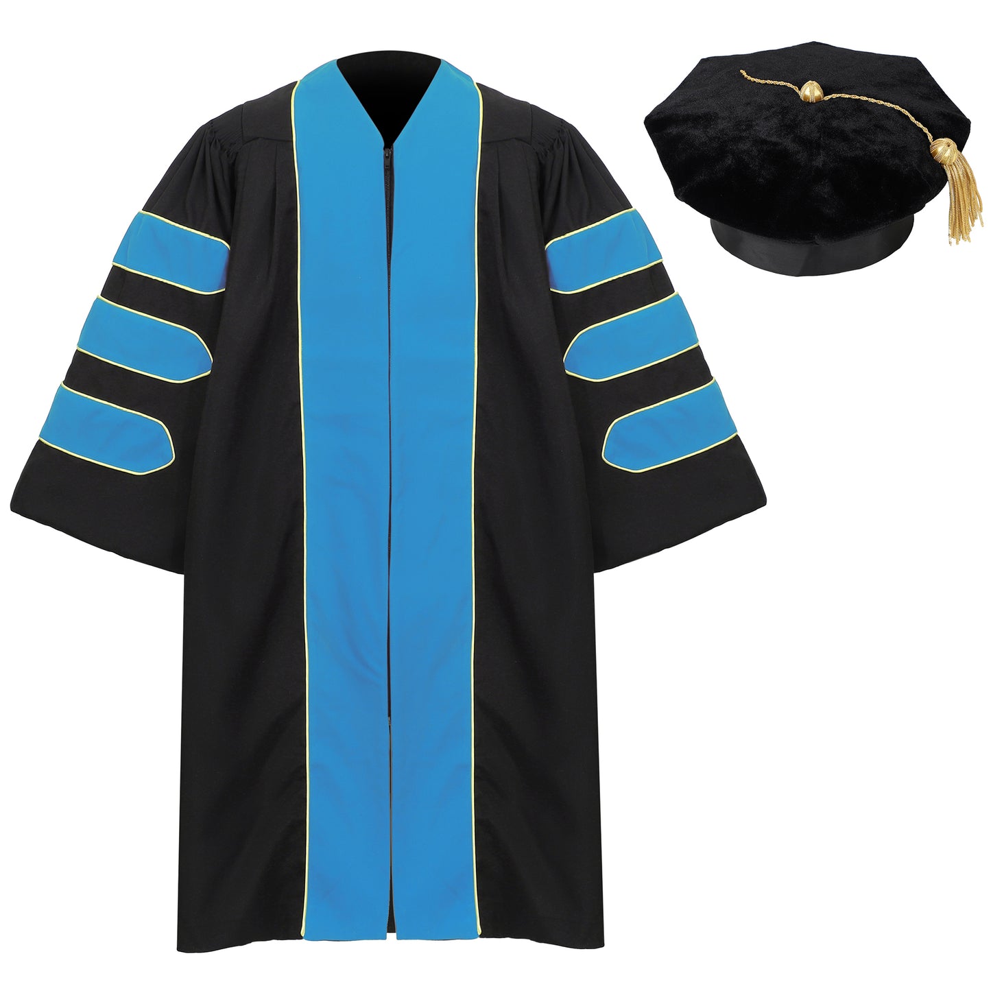 Deluxe Doctoral gown and 8-sided tam set displayed together for graduation ceremony