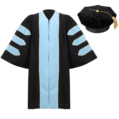 Deluxe Doctoral gown and 8-sided tam set displayed together for graduation ceremony