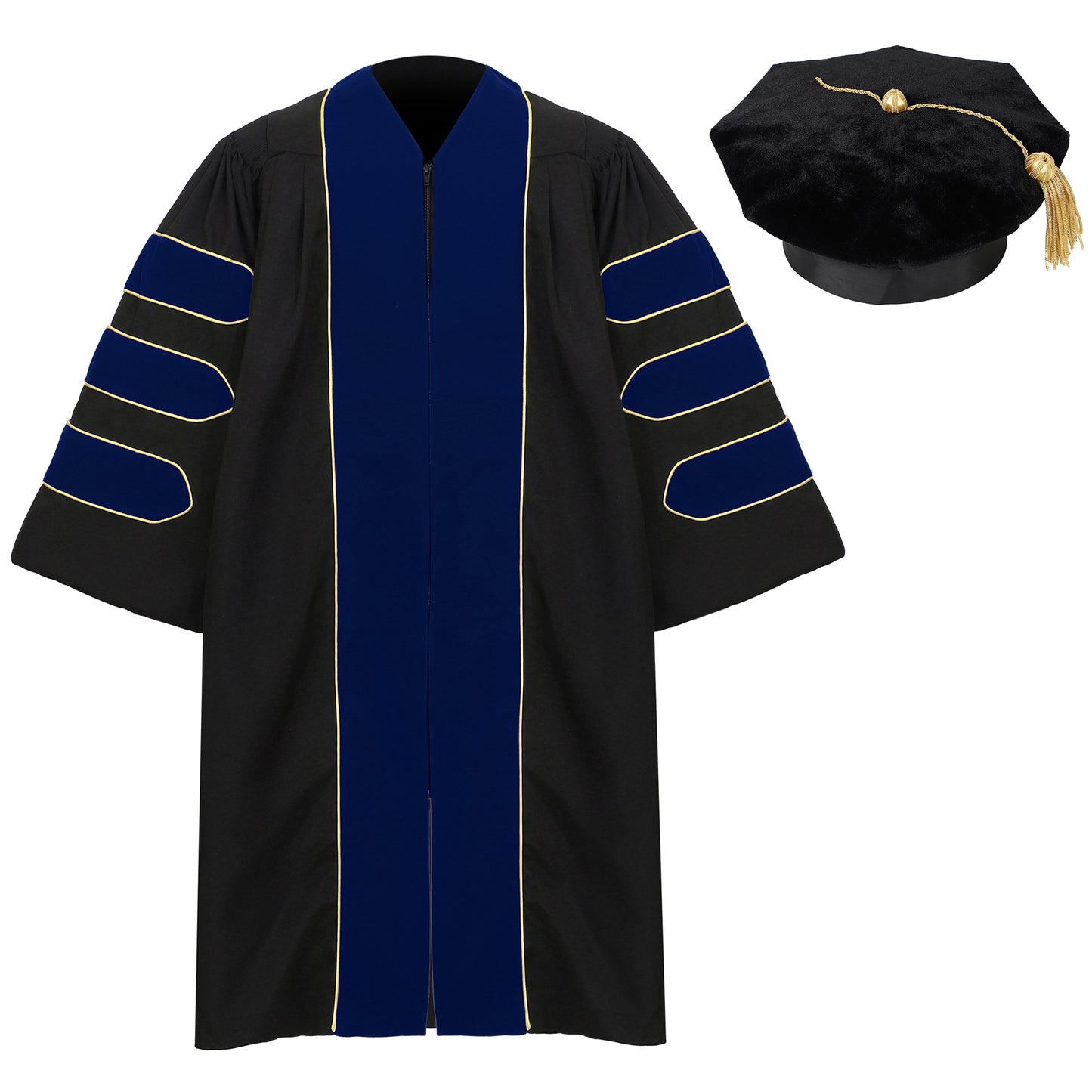 Deluxe Doctoral gown and 8-sided tam set displayed together for graduation ceremony