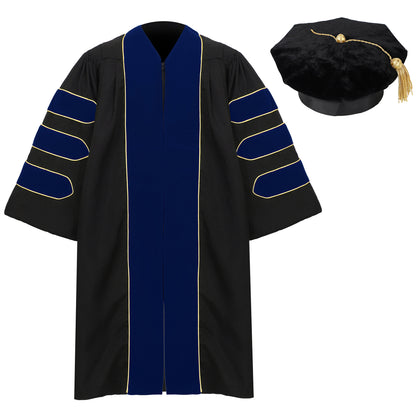 Deluxe Doctoral gown and 8-sided tam set displayed together for graduation ceremony