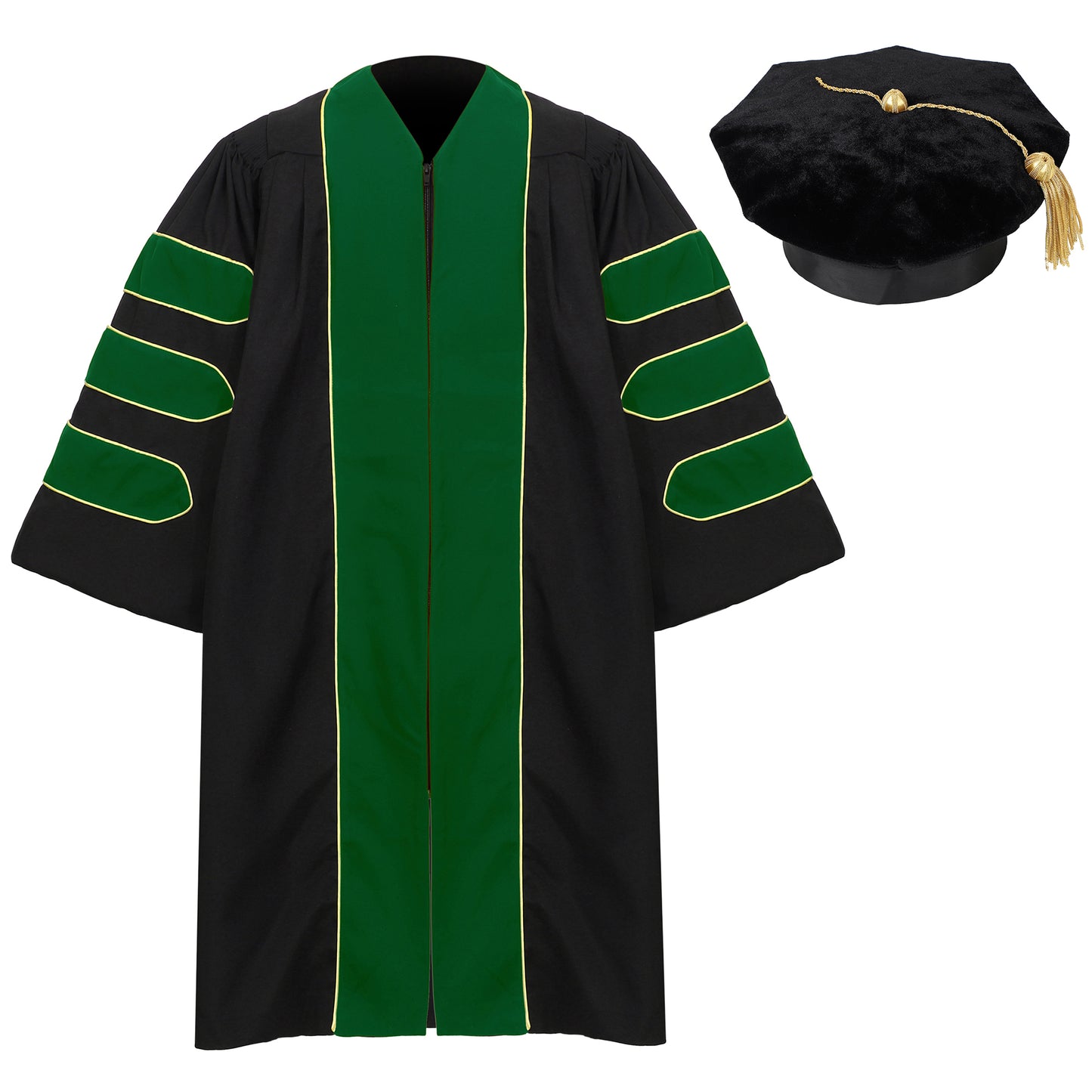 Deluxe Doctoral gown and 8-sided tam set displayed together for graduation ceremony