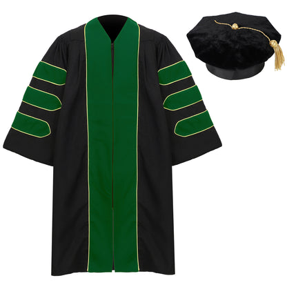 Deluxe Doctoral gown and 8-sided tam set displayed together for graduation ceremony