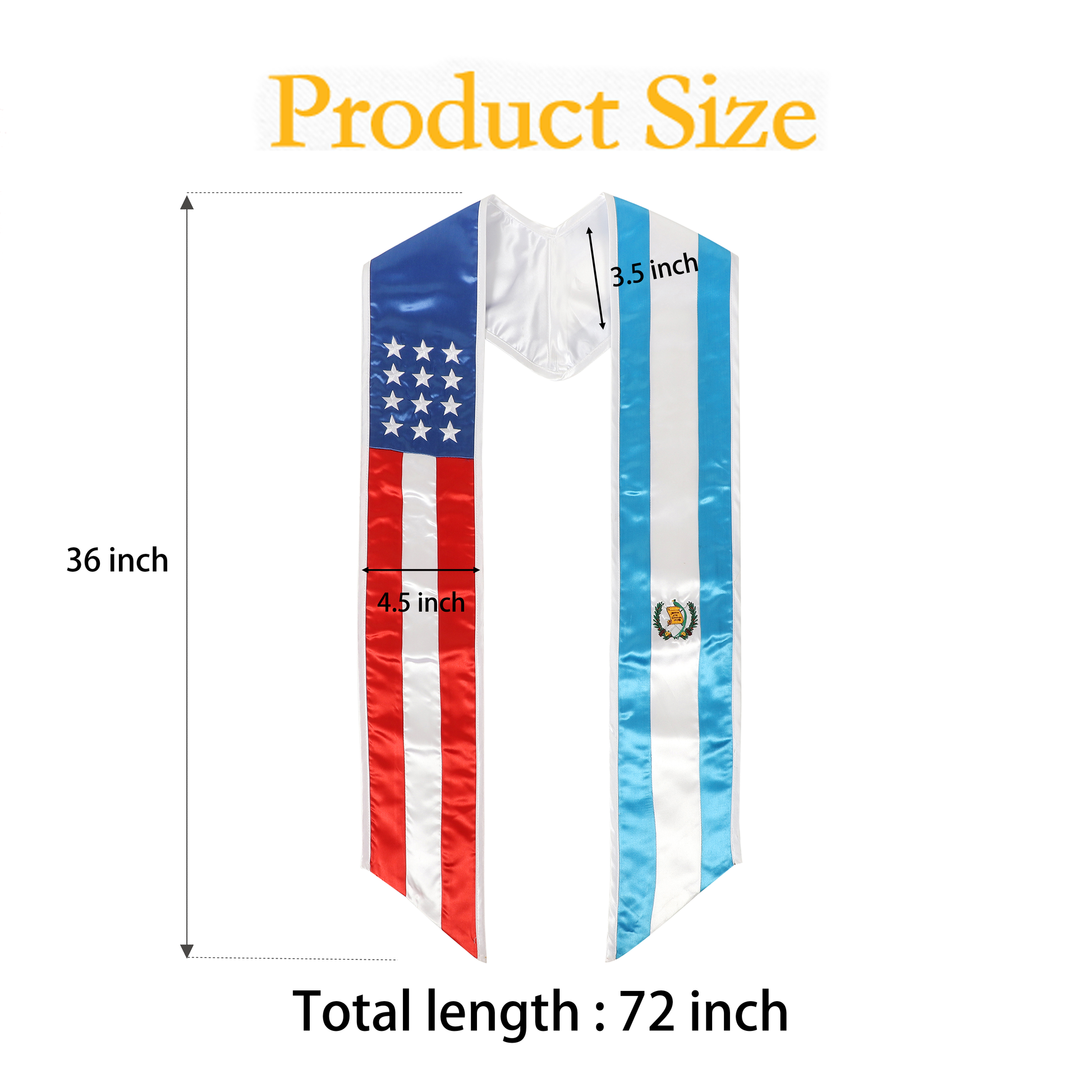 Flag graduation stole size chart showing length and width measurements