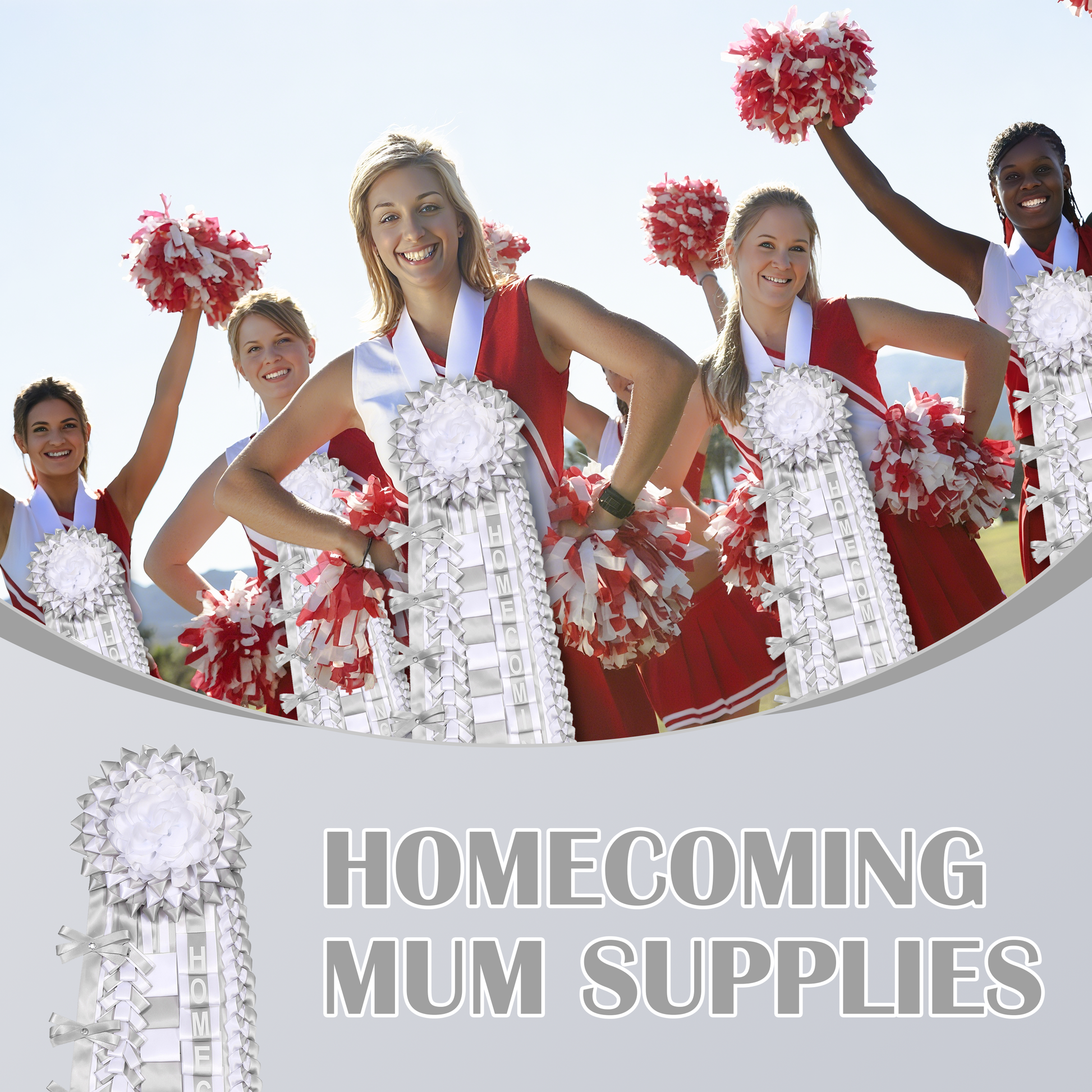 Close-up display of HOMECOMINGMUM SUPPLIES with floral-style design