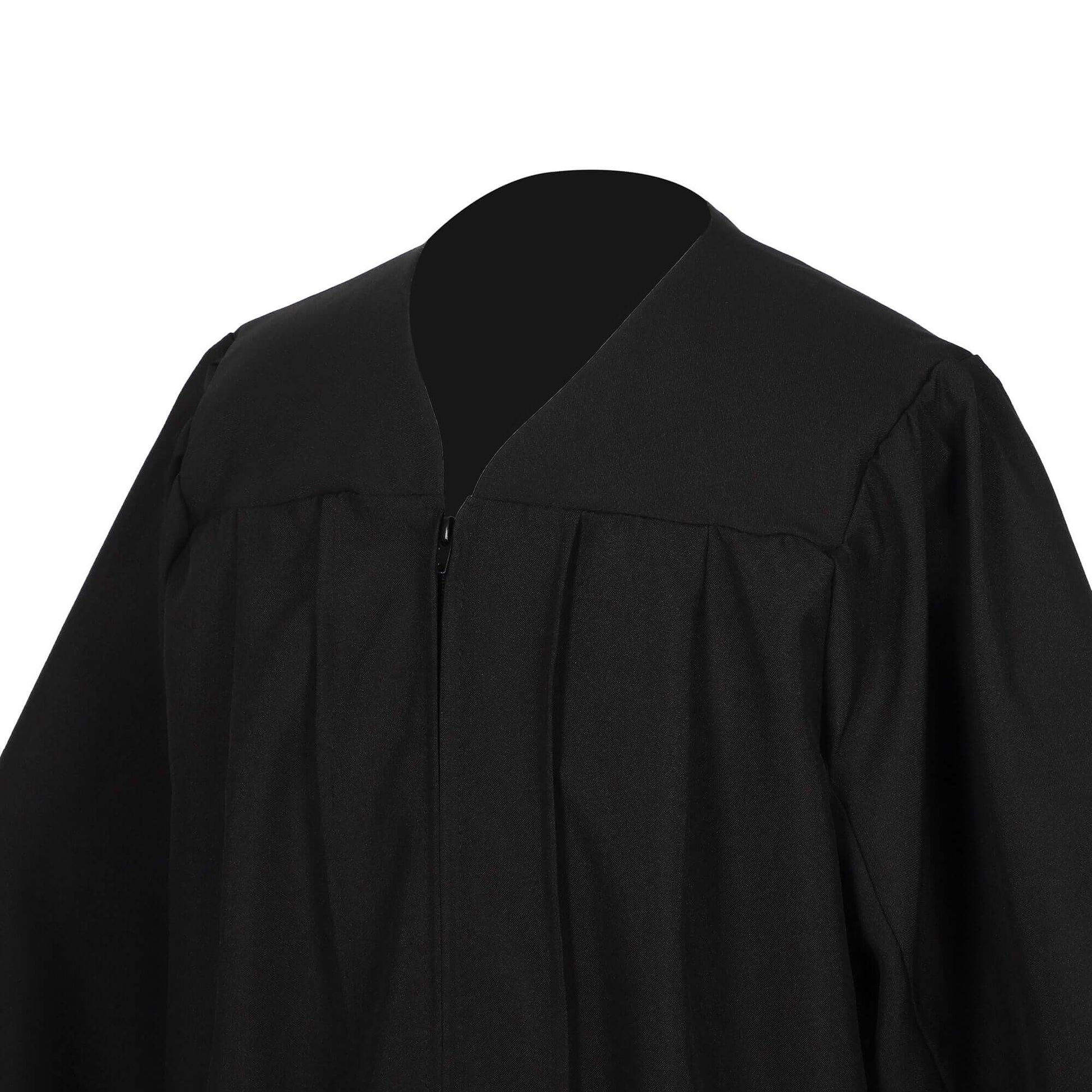Front zipper detail on Master’s graduation gown with durable hidden closure