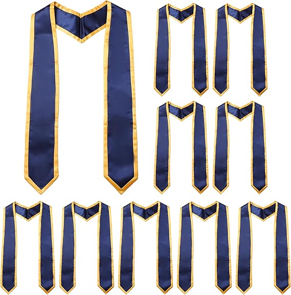 Collection of 10 trimmed graduation stoles with pointed ends in navy and gold trim for commencement