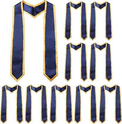 Collection of 10 trimmed graduation stoles with pointed ends in navy and gold trim for commencement