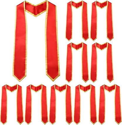Collection of 10 gold trimmed graduation stoles with pointed ends in red for commencement