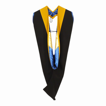 Master’s graduation hood lining detail showing academic color trim and satin finish