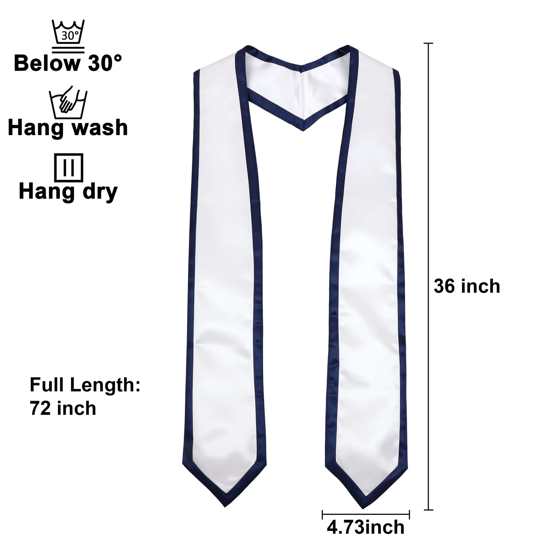 Newrara 10PCS Graduation Honor Stole with Classic Pointed Ends and Trim 72'' displayed with care instructions and dimensions.