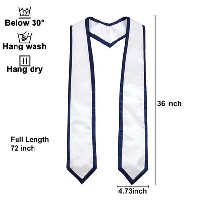 Newrara 10PCS Graduation Honor Stole with Classic Pointed Ends and Trim 72'' displayed with care instructions and dimensions.