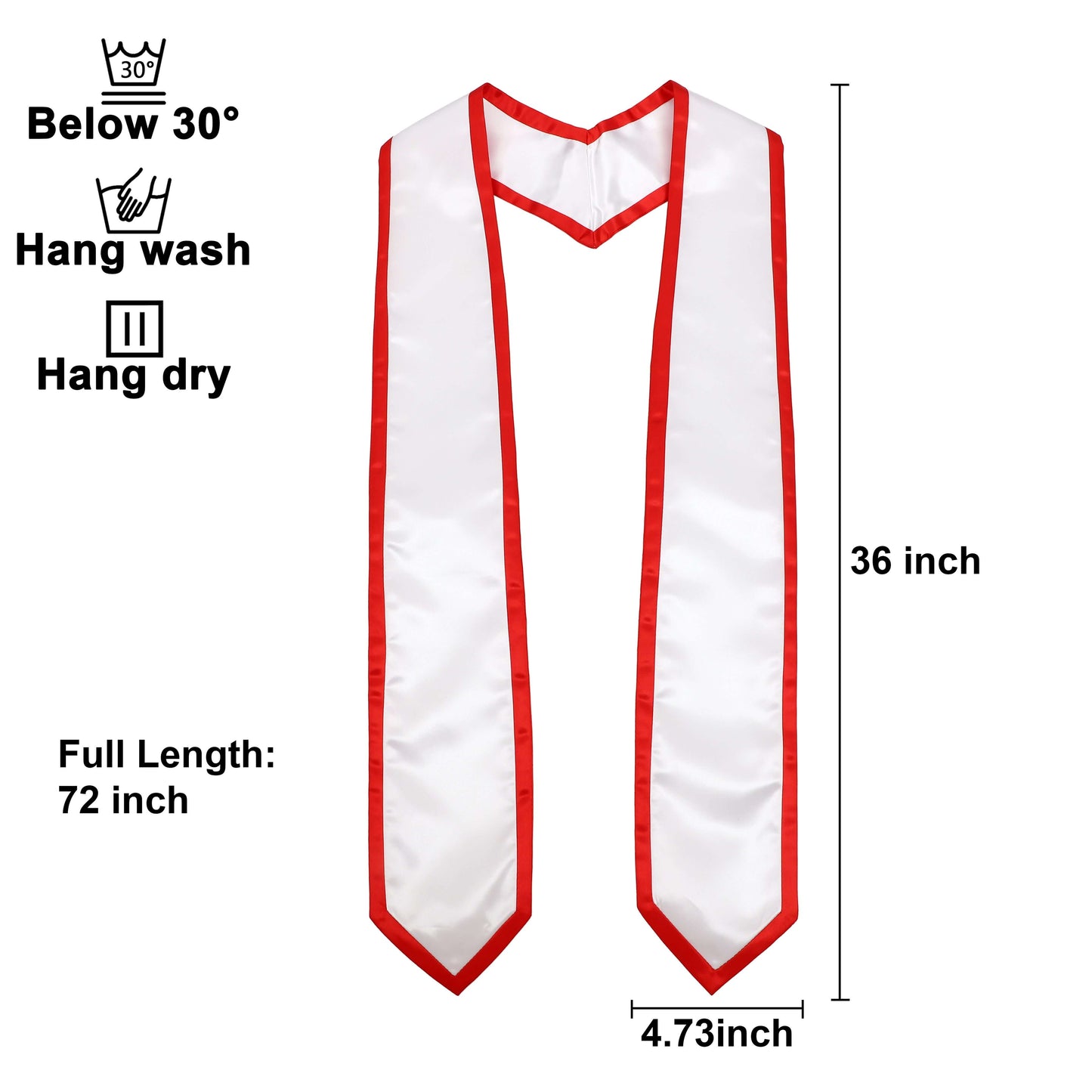 Newrara 10PCS Graduation Honor Stole with Classic Pointed Ends and Trim 72'' shown with care instructions and dimensions.