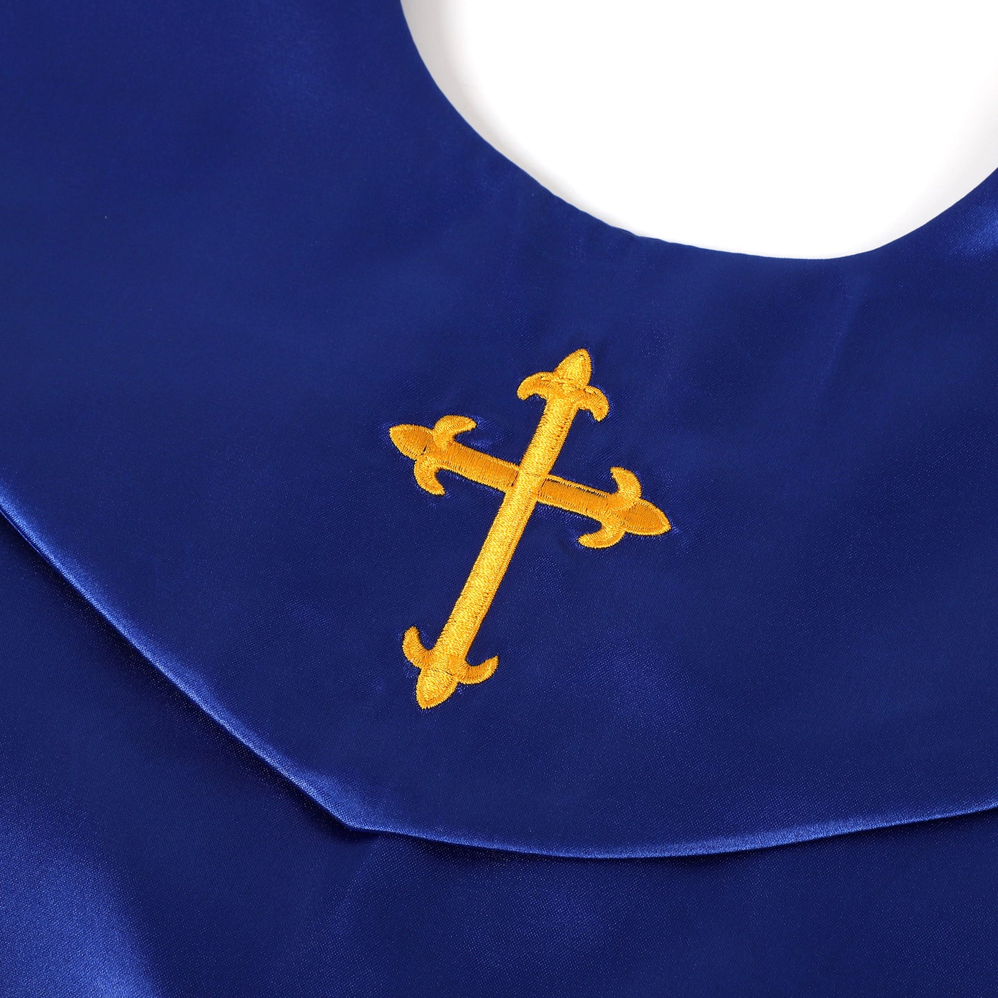 Close-up of embroidered cross on V-shape choir stole