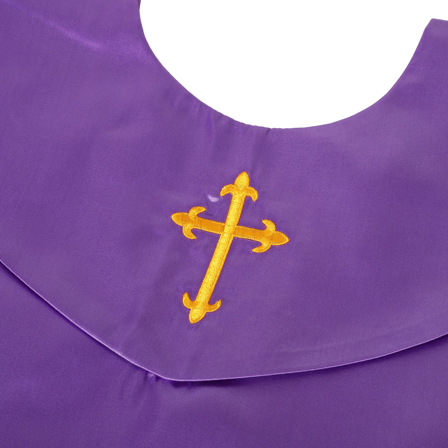 Close-up of embroidered cross on V-shape choir stole