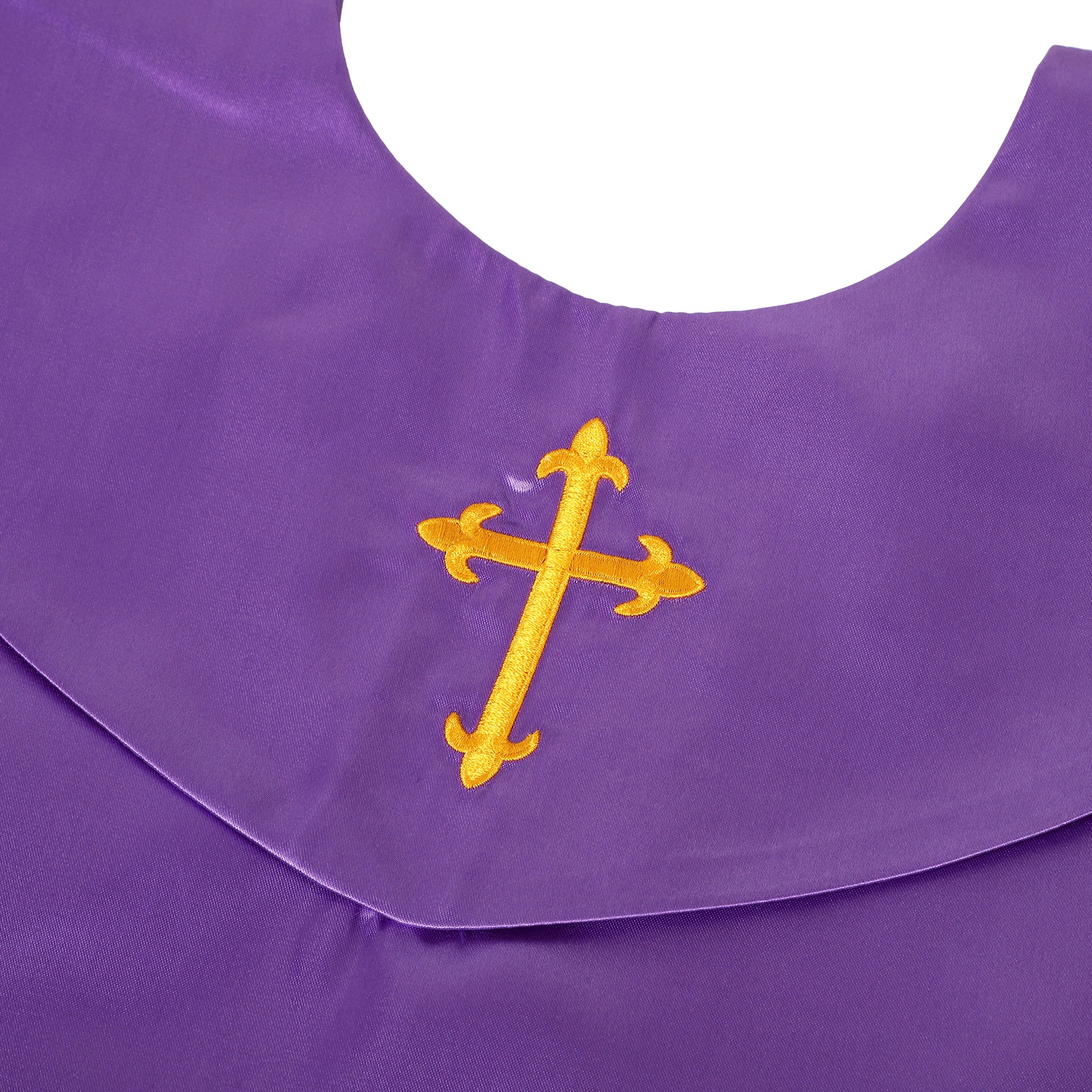Close-up of embroidered cross on V-shape choir stole