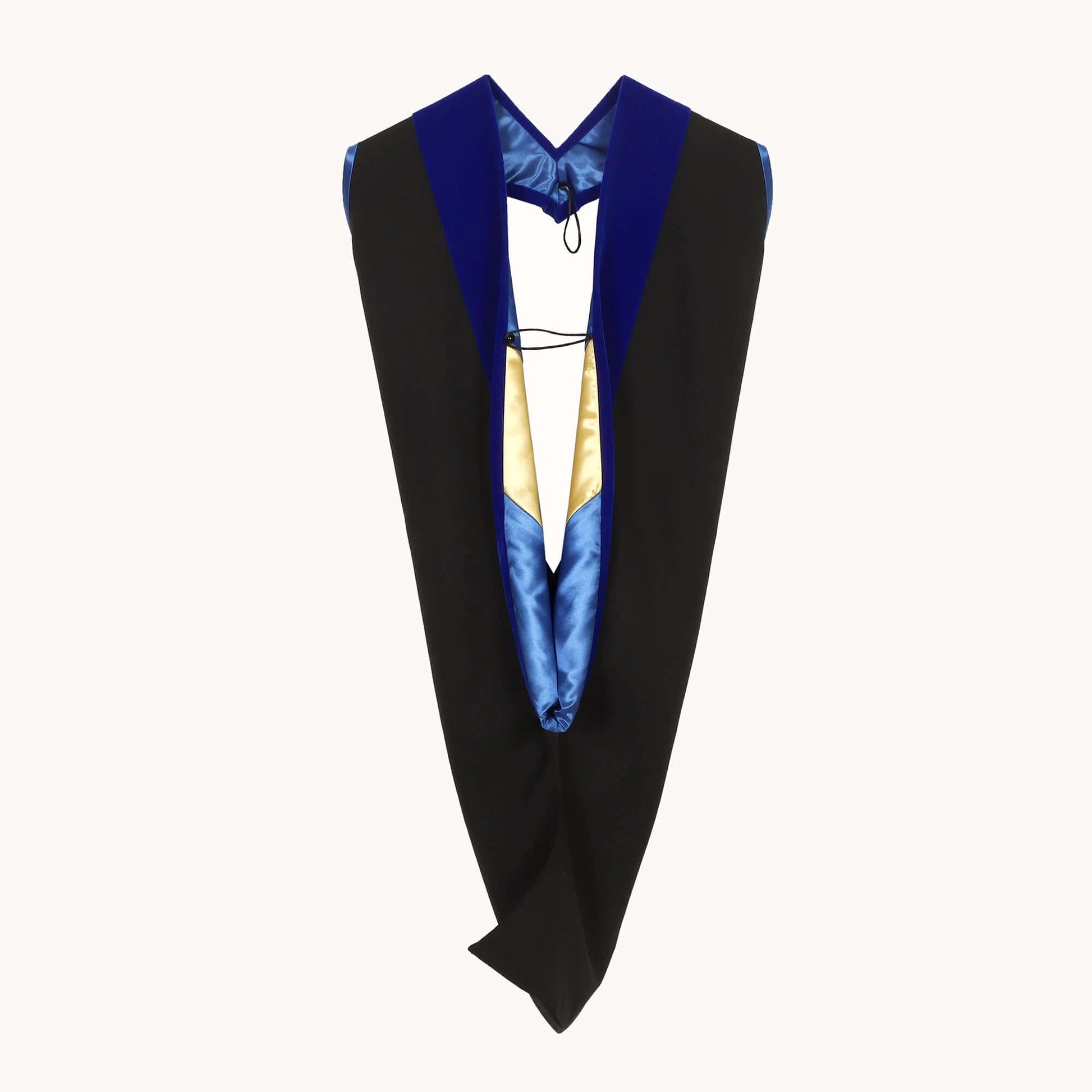 Master’s graduation hood lining detail showing academic color trim and satin finish