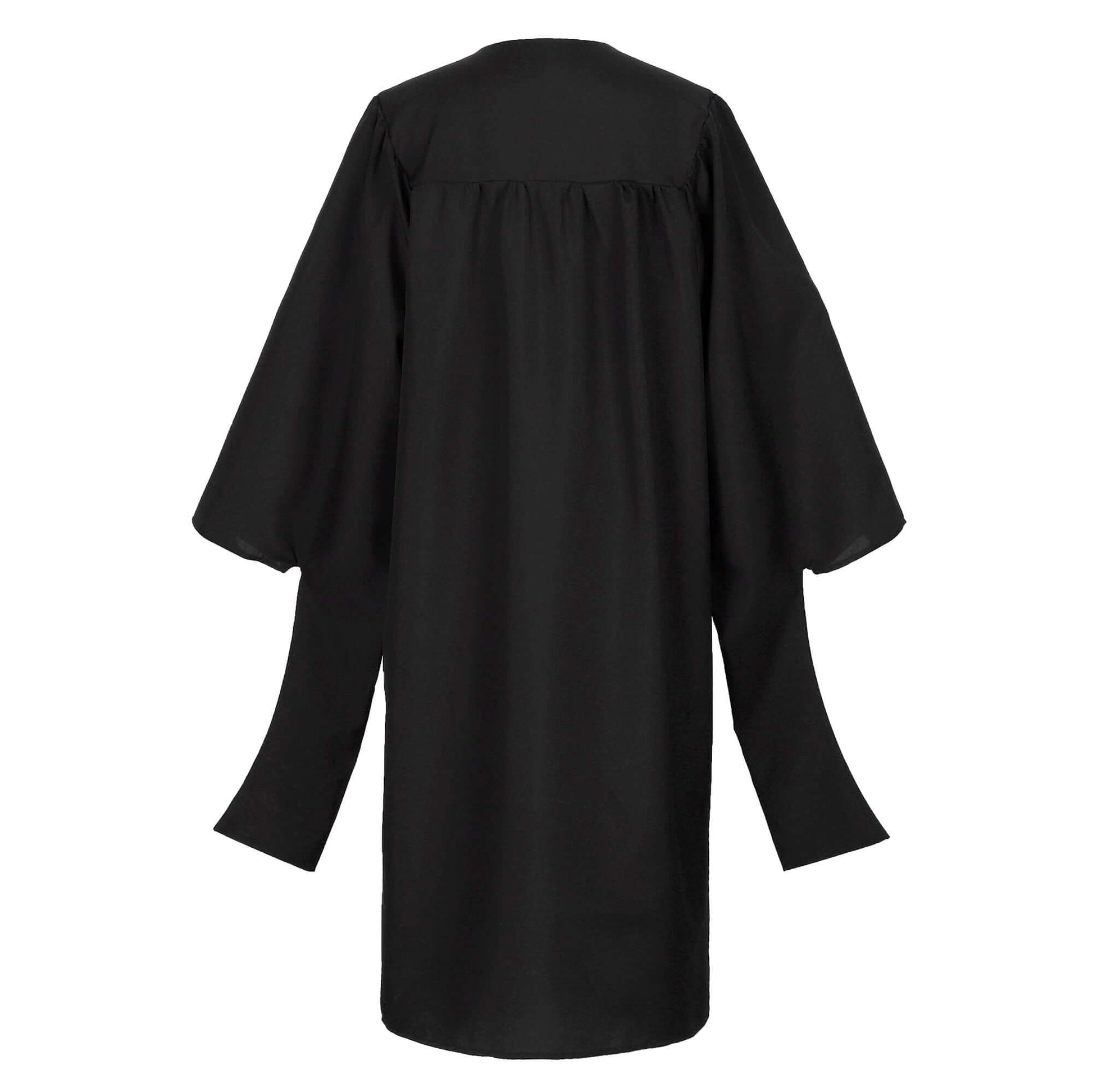 Back view of Master’s graduation gown showing full-length academic robe and hood drape