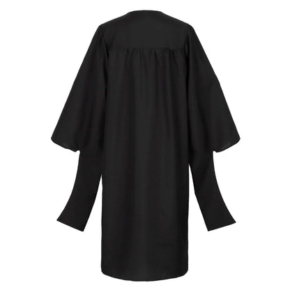 Back view of Master’s graduation gown showing full-length academic robe and hood drape