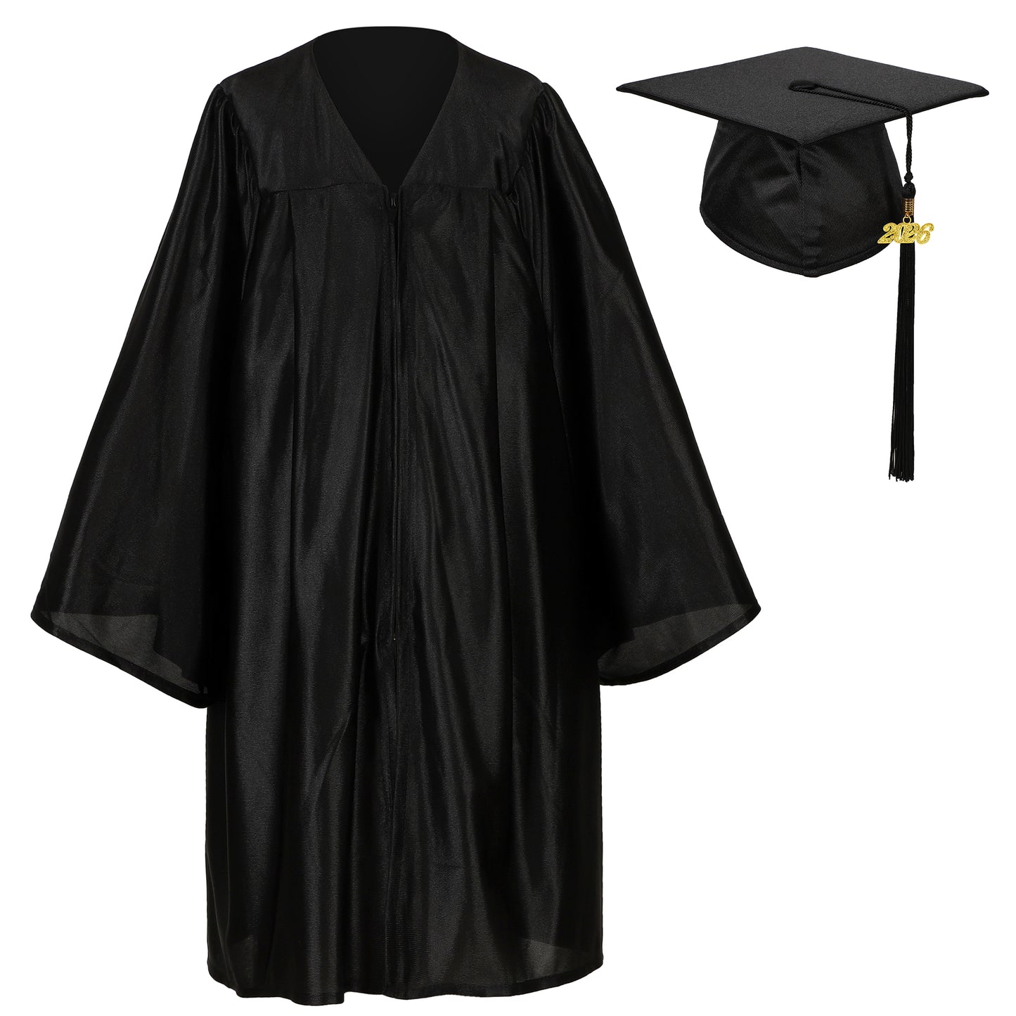 Black shiny Pre-K graduation gown and matching cap with tassel for young students