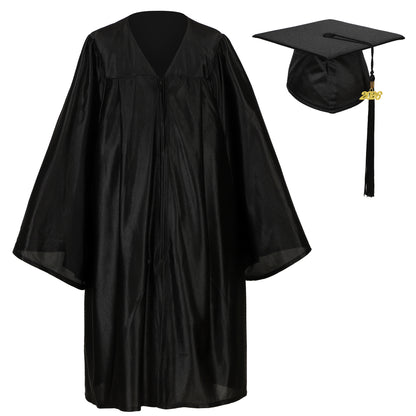 Black shiny Pre-K graduation gown and matching cap with tassel for young students