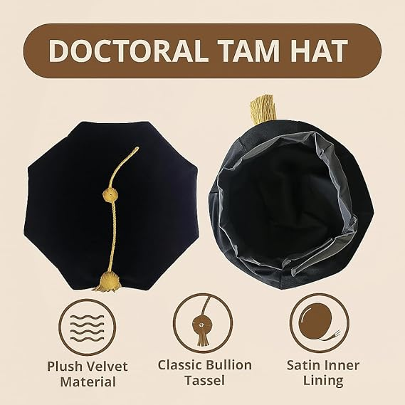 Newrara Deluxe Doctoral 8-Sided Tam Velvet Graduation Cap with Gold Tassel
