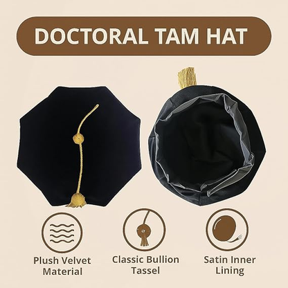 Newrara Deluxe Doctoral 8-Sided Tam Velvet Graduation Cap with Gold Tassel