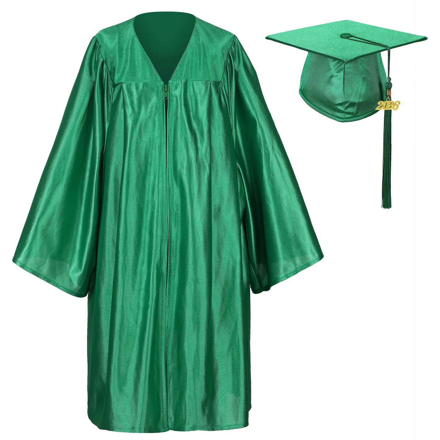 Emerald Green shiny preschool graduation apparel set including cap, gown, and tassel