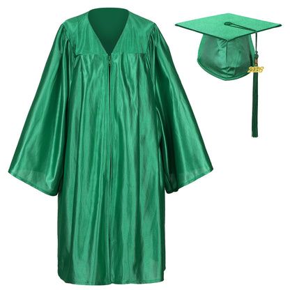 Emerald Green shiny preschool graduation apparel set including cap, gown, and tassel