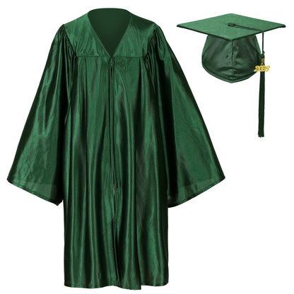 forest green shiny preschool cap and gown graduation outfit with year tassel