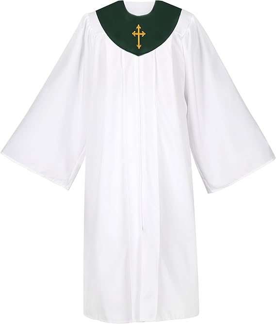 forest green Unisex Matte Choir Robe with V-Shaped Embroidered Cross Sash Set for Church and Baptismal Ceremonies