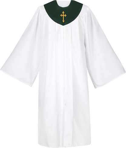 forest green Unisex Matte Choir Robe with V-Shaped Embroidered Cross Sash Set for Church and Baptismal Ceremonies