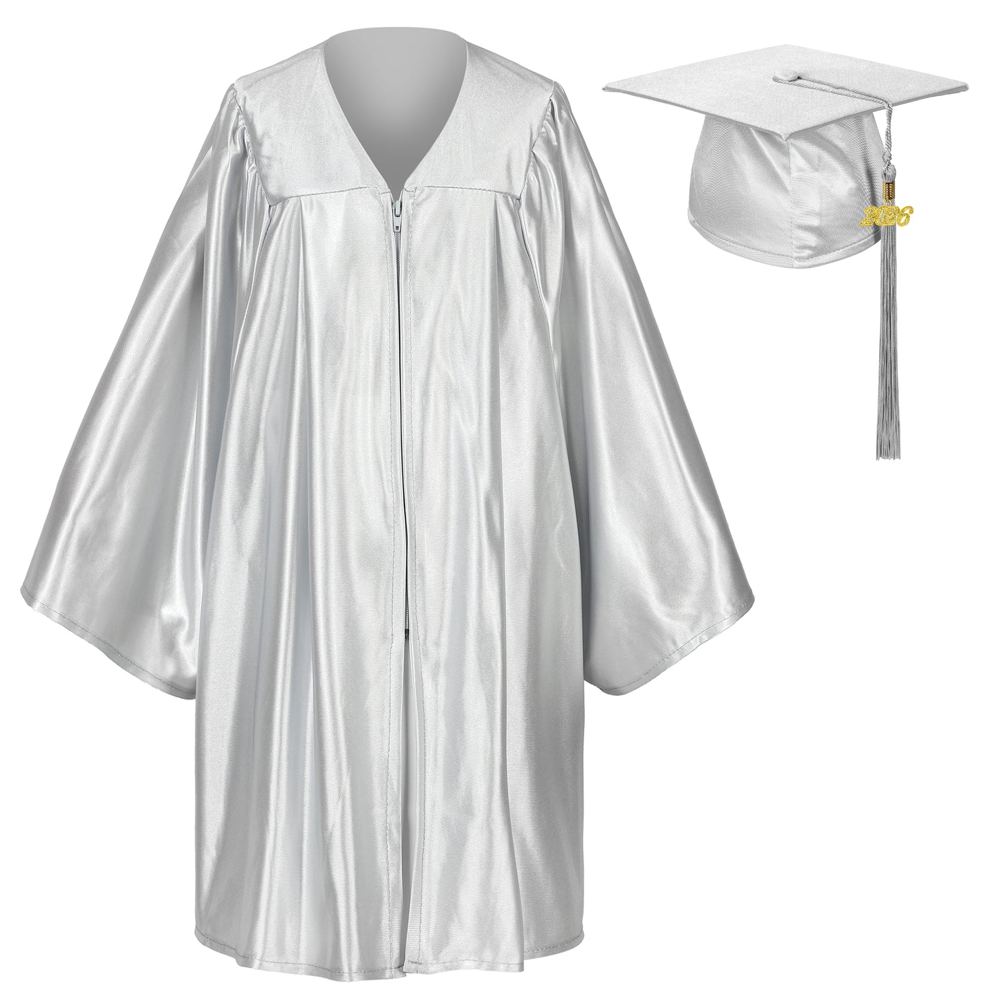 Grey shiny preschool graduation set featuring cap, gown, and year tassel for kids