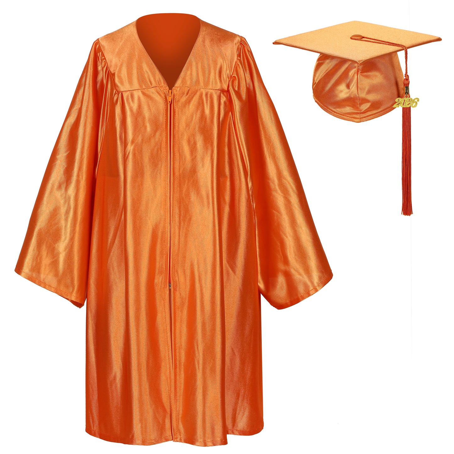 Orange shiny Pre-K graduation robe and cap set designed for kids’ ceremonies