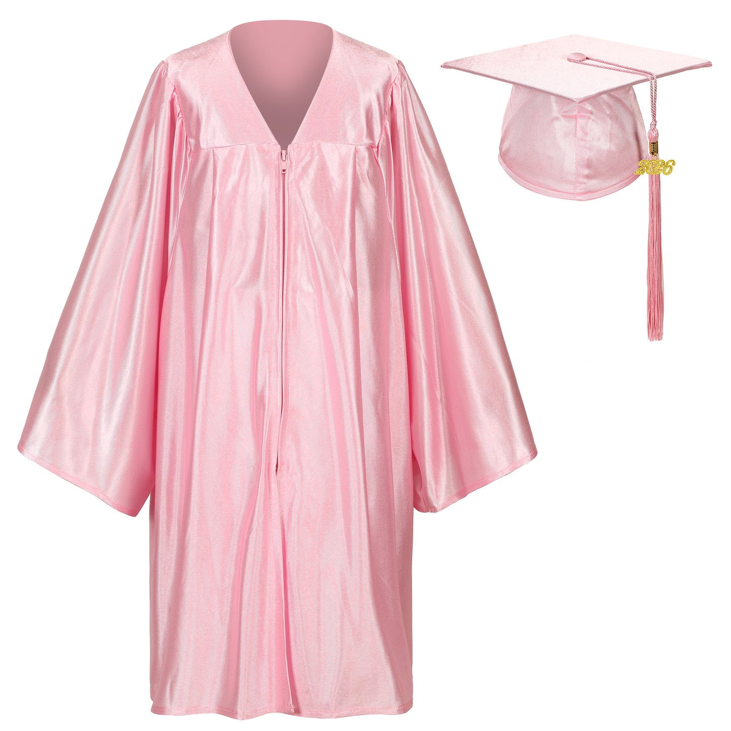pink shiny preschool cap and gown outfit with tassel for graduation photos