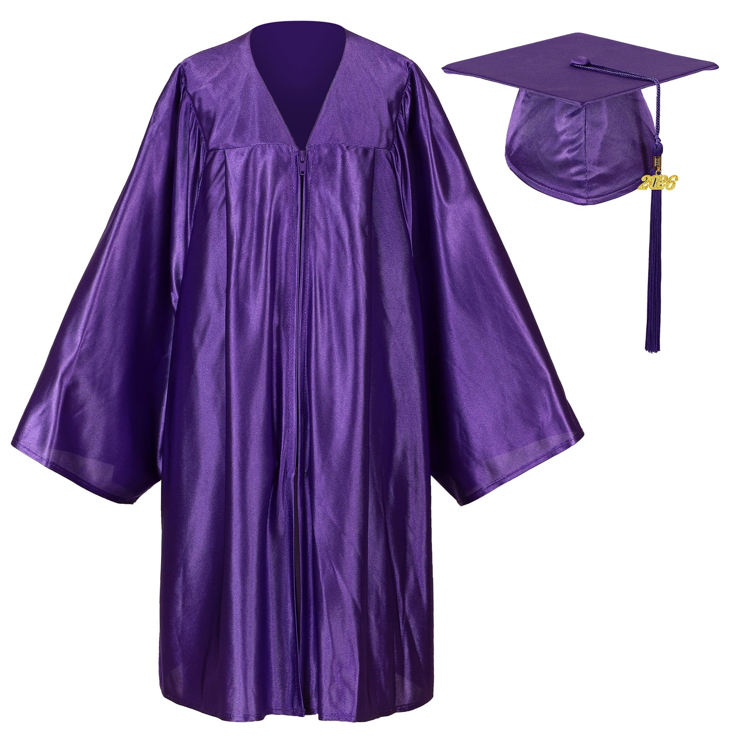 Purple shiny kids’ Pre-K graduation cap and gown combination for ceremony use