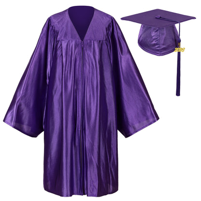 Purple shiny kids’ Pre-K graduation cap and gown combination for ceremony use