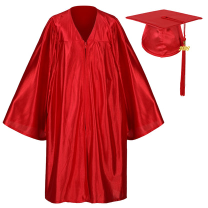Red shiny preschool graduation cap and gown set with year tassel for Pre-K kids