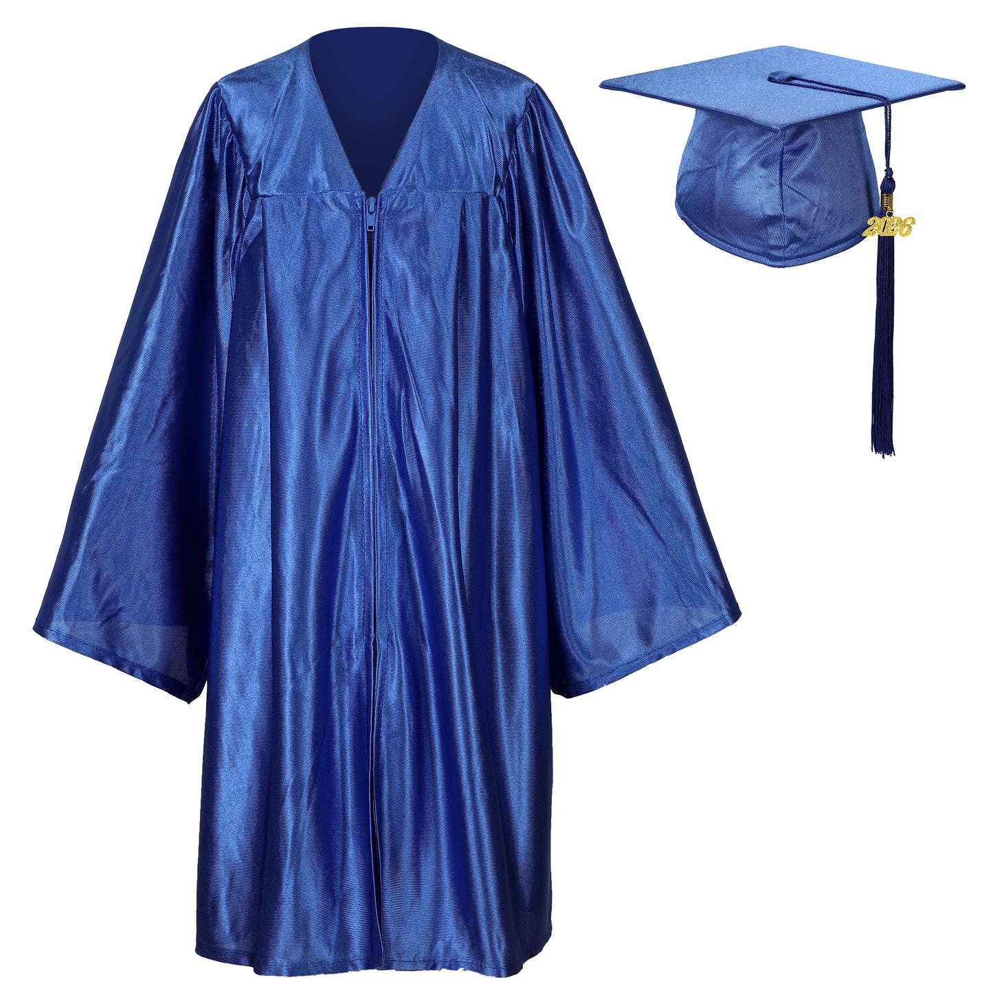 Royal blue shiny Pre-K graduation outfit including cap, gown, and tassel for children