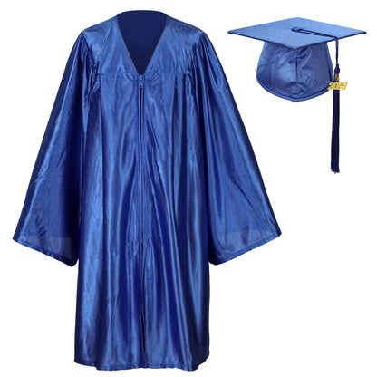 Royal blue shiny Pre-K graduation outfit including cap, gown, and tassel for children