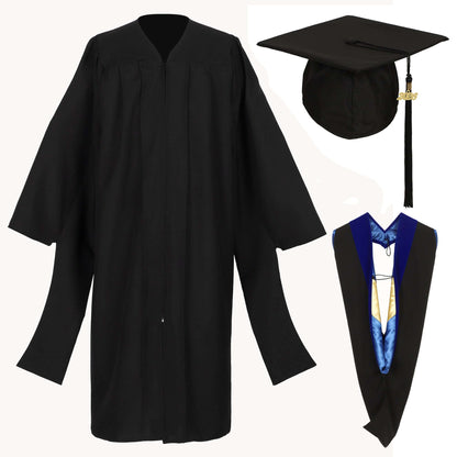 Master’s cap, gown and hood accessory details arranged for graduation regalia display