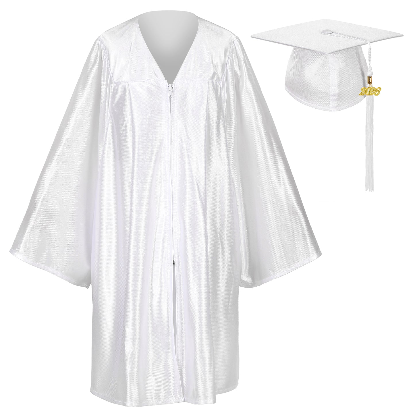White shiny preschool cap and gown set with year tassel for early education graduations