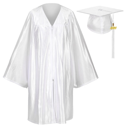 White shiny preschool cap and gown set with year tassel for early education graduations
